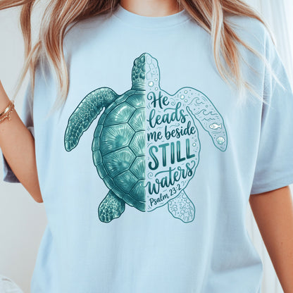 Christian Sea Turtle Psalm 23 T-Shirt, He Leads Me Beside Still Waters Faith Tee