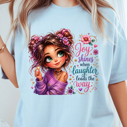 Joy Shines Laughter Space Buns Girl T-Shirt, Cute Floral Quote Tee