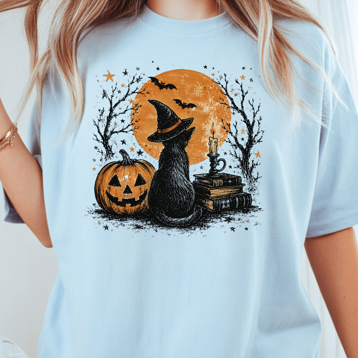 Halloween Black Cat Witch T-Shirt, Full Moon Pumpkin Spooky Vintage Books Magic Tee