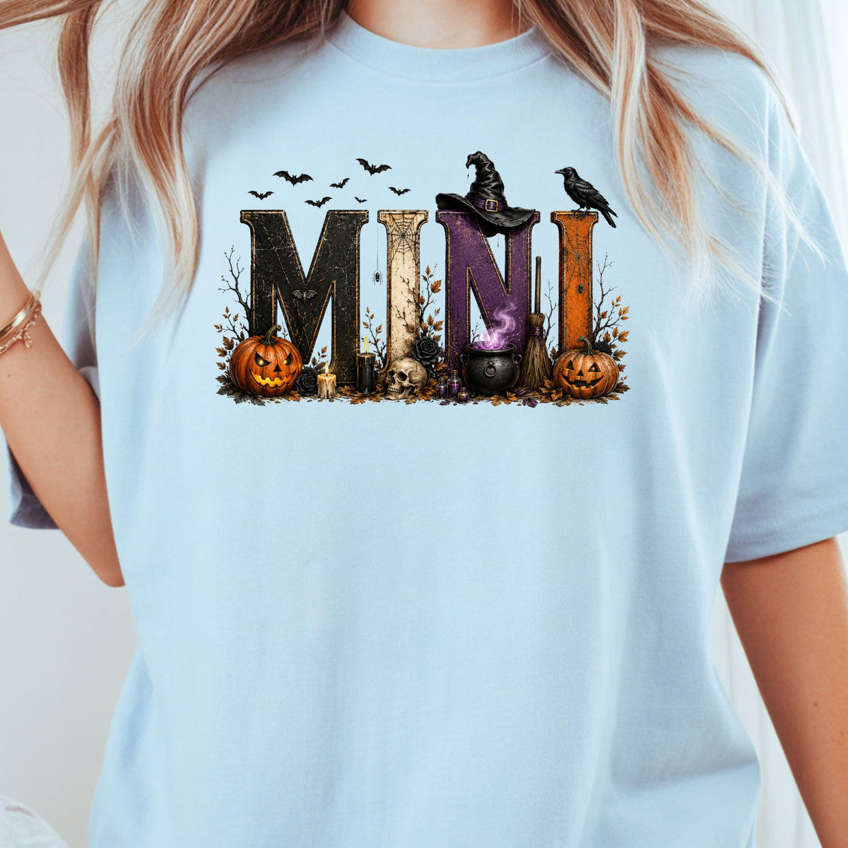 Mini Halloween Witch Hat Cauldron Pumpkin Kids T-Shirt, Spooky Season Tee