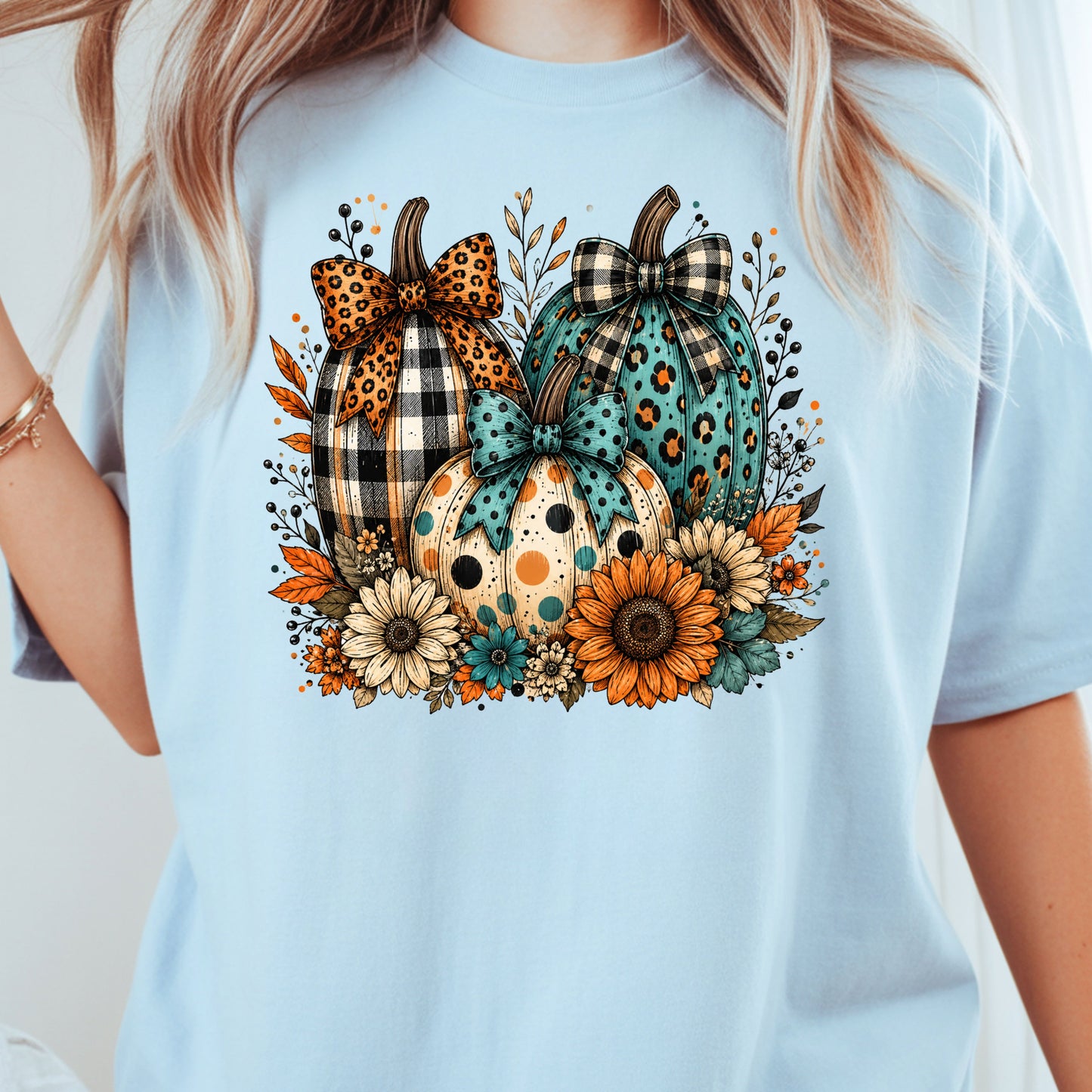 Fall Leopard Plaid Pumpkins T-Shirt, Teal Orange Floral Thanksgiving Tee