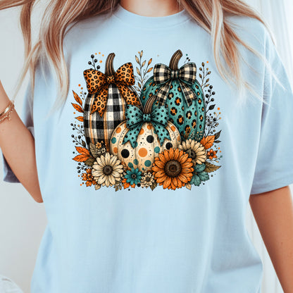 Fall Leopard Plaid Pumpkins T-Shirt, Teal Orange Floral Thanksgiving Tee