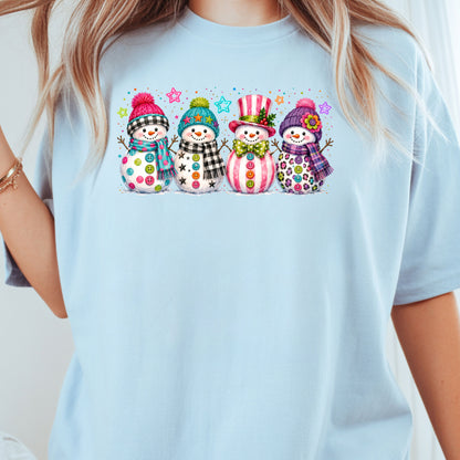 Christmas Colorful Snowmen T-Shirt, Cute Winter Snowman Beanies Scarves Holiday Tee