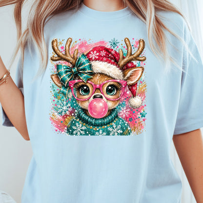 Christmas Reindeer Pink Glasses T-Shirt, Bubblegum Deer Santa Hat Cute Comfort Color Tee