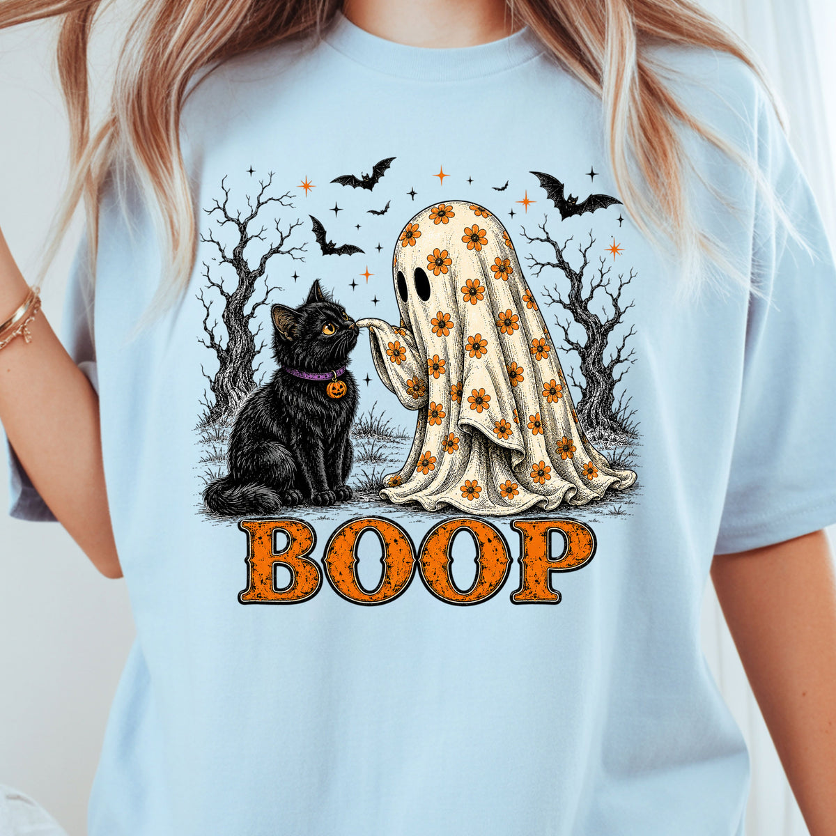 Halloween Ghost Boop Black Cat T-Shirt, Spooky Season Ghost Tee