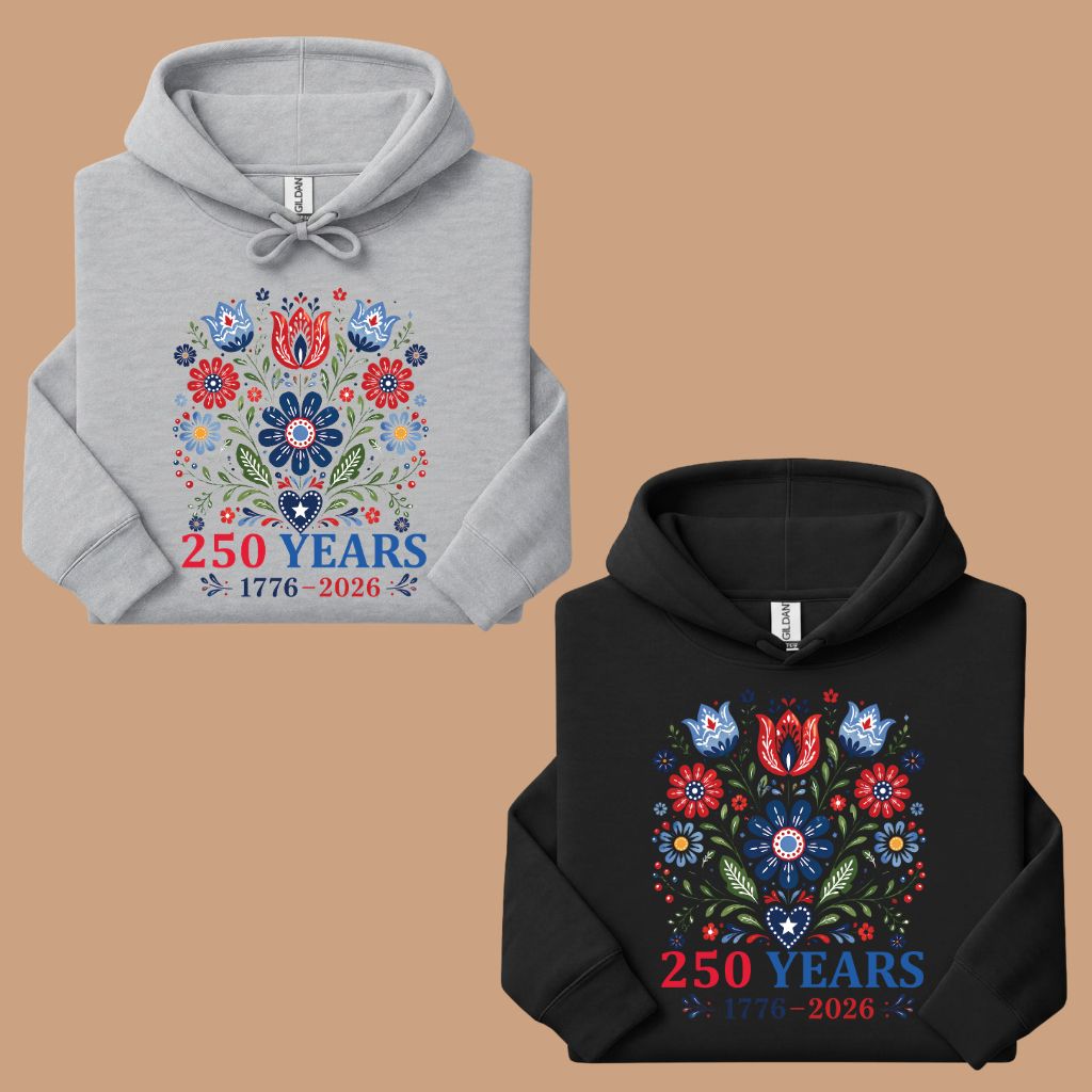 250 Years Patriotic Floral DTF Transfer Ready to Press Comfort Colors T Shirt Folk Art Scandinavian Heat Stickers 1776 2026 USA Heritage