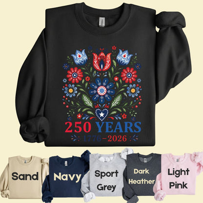 250 Years Patriotic Floral DTF Transfer Ready to Press Comfort Colors T Shirt Folk Art Scandinavian Heat Stickers 1776 2026 USA Heritage
