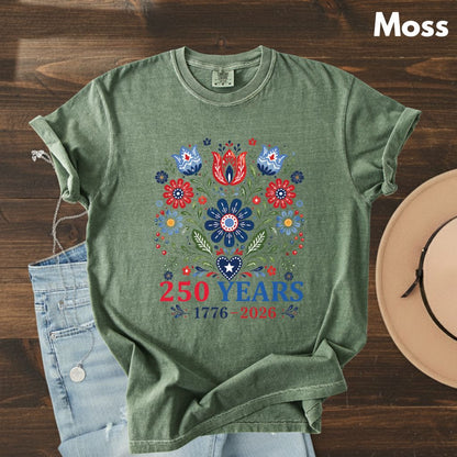 250 Years Patriotic Floral DTF Transfer Ready to Press Comfort Colors T Shirt Folk Art Scandinavian Heat Stickers 1776 2026 USA Heritage