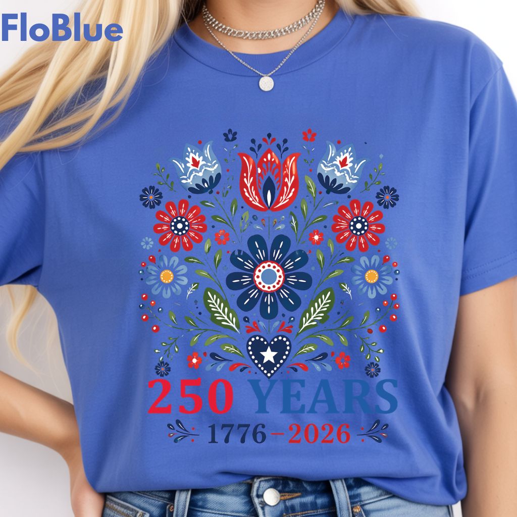 250 Years Patriotic Floral DTF Transfer Ready to Press Comfort Colors T Shirt Folk Art Scandinavian Heat Stickers 1776 2026 USA Heritage