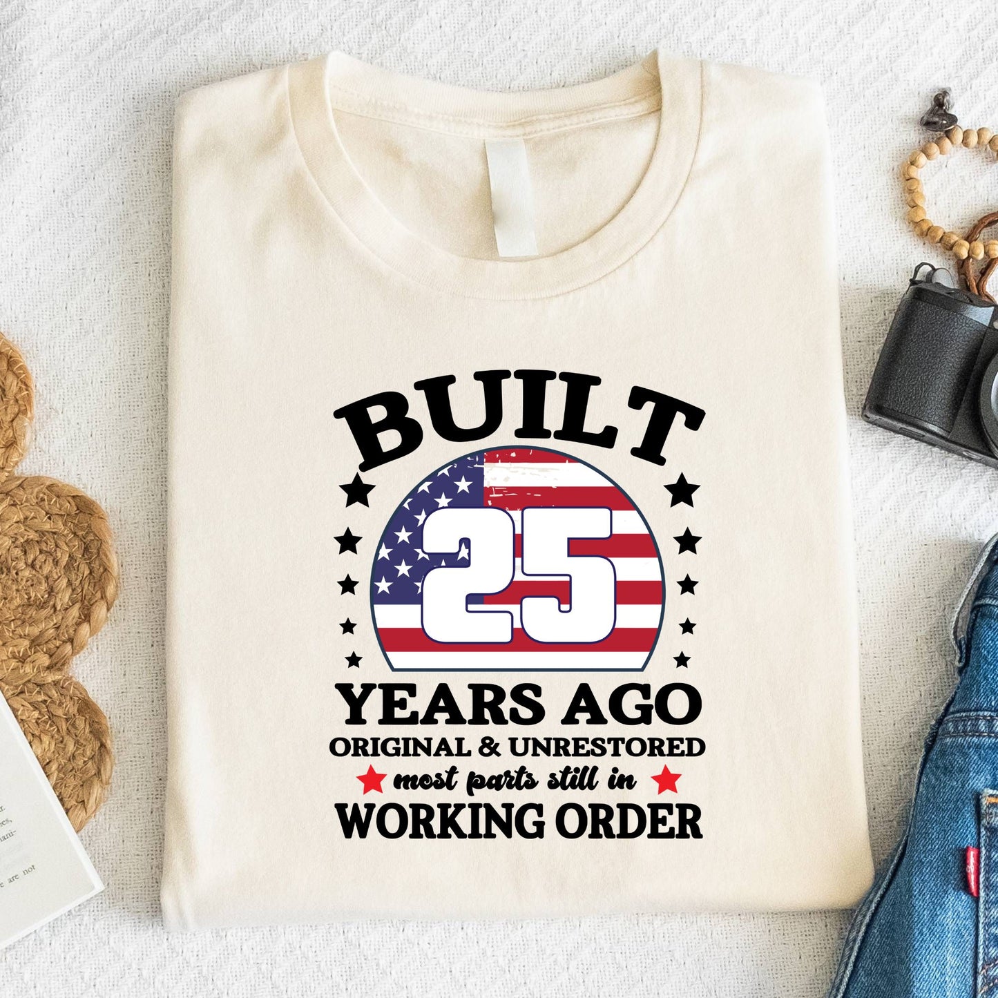 25th Birthday Shirt Built 25 Years Ago T-Shirt American Flag Birthday Gift