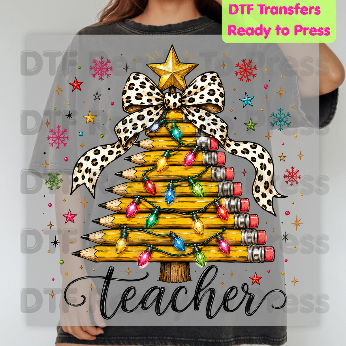 Christmas Teacher Pencil Tree DTF Transfers, School Leopard Bow Lights Holiday Ready to Press