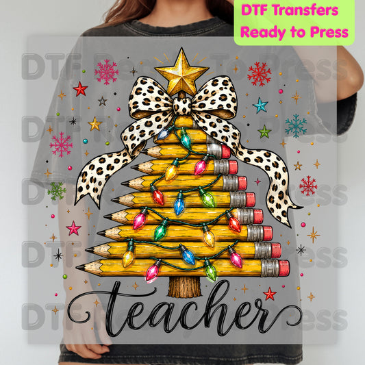 Christmas Teacher Pencil Tree DTF Transfers, School Leopard Bow Lights Holiday Ready to Press