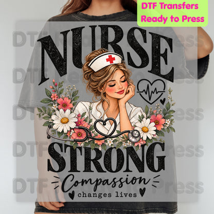 Nurse Strong Floral DTF Transfers, Medical Nursing Stethoscope Girl Floral Ready to Press