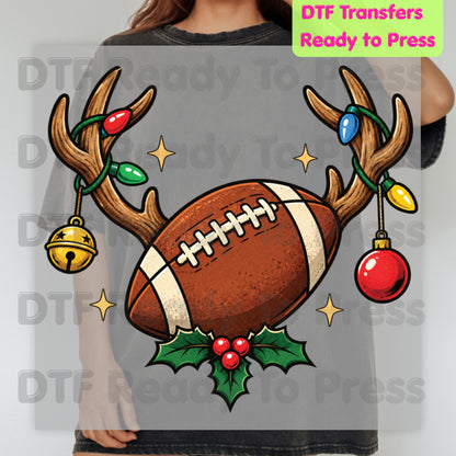 Christmas DTF Transfer, Reindeer Antlers with Football Lights and Holly Graphic