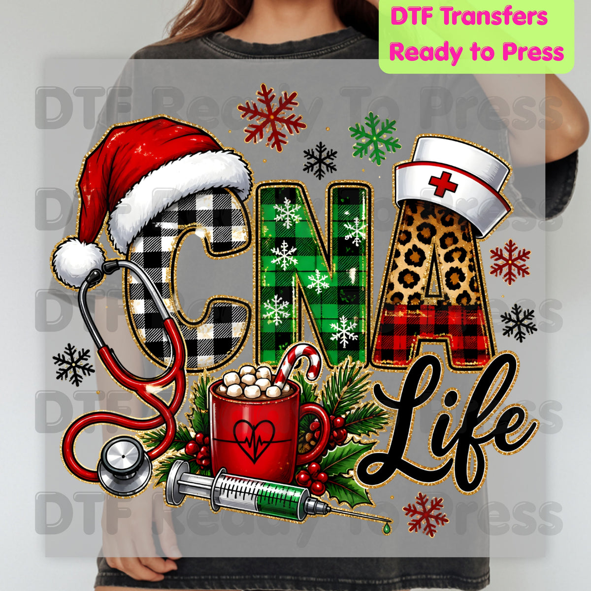 Christmas CNA Life DTF Transfers, Nursing Medical Leopard Plaid Stethoscope Holiday Ready to Press