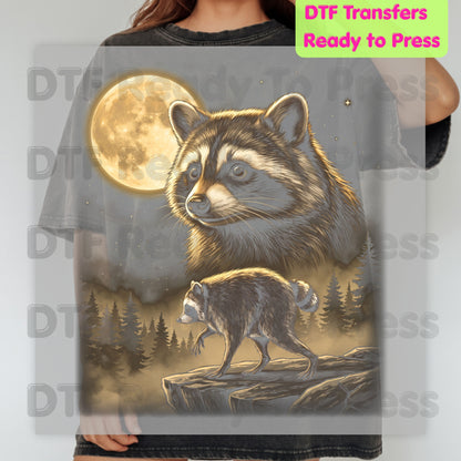 Vintage Raccoon Full Moon DTF Transfers, Forest Wildlife Trash Panda Outdoor Ready to Press