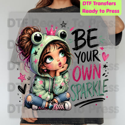 Be Your Own Sparkle Frog Girl DTF Transfers, Cute Crown Stars Kids Ready to Press