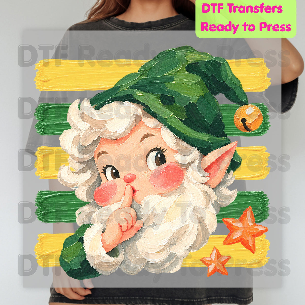 Vintage Shushing Gnome DTF Transfers, Elf Yellow Green Stripes Cute Christmas Holiday Ready to Press
