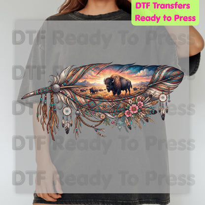 Western Buffalo Feather DTF Transfers, Dreamcatcher Boho Bison Tribal Sunset Ready to Press