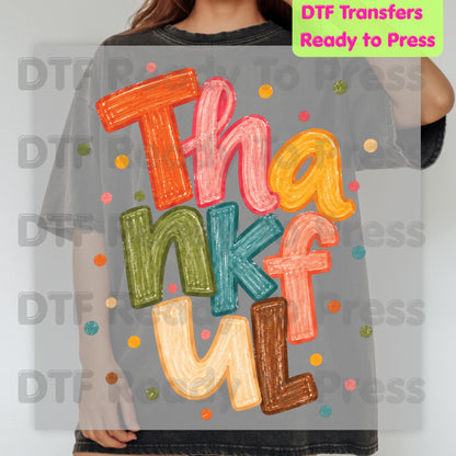 Thanksgiving DTF Transfer, Thankful Colorful Crayon Letters