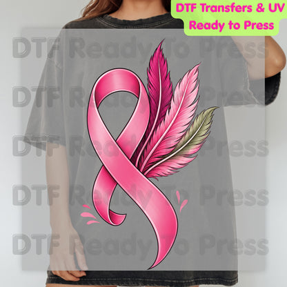 Pink Ribbon Feathers Breast Cancer Awareness DTF Transfer Ready to Press Heat Transfer Survivor Support Tee