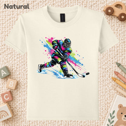 Hockey T-Shirt, Colorful Ice Hockey Player with Paint Splatter Graphic Tee, Ice Hockey Sports Shirt