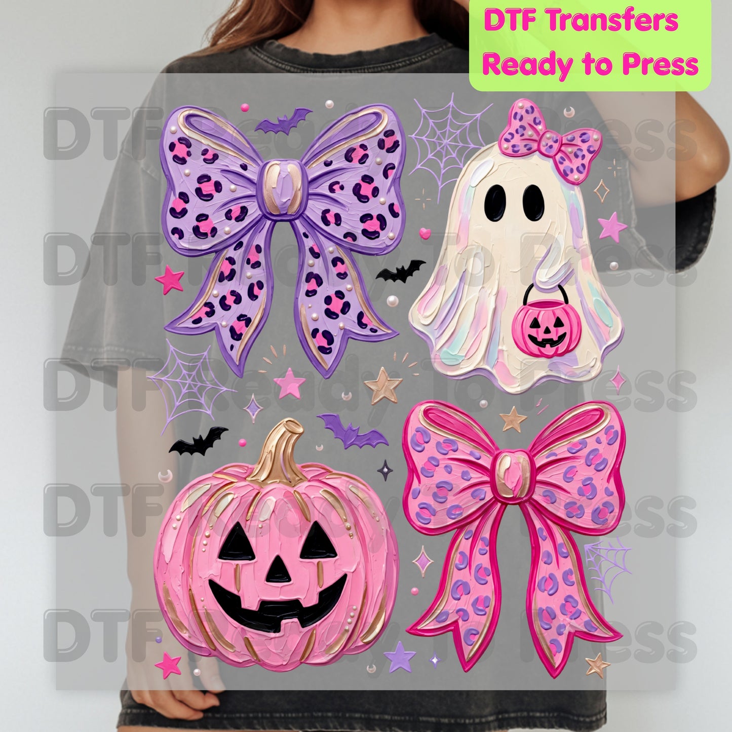 Coquette Halloween Ghost DTF Transfers, Pink Pumpkin Leopard Bow Spooky Cute Ready to Press