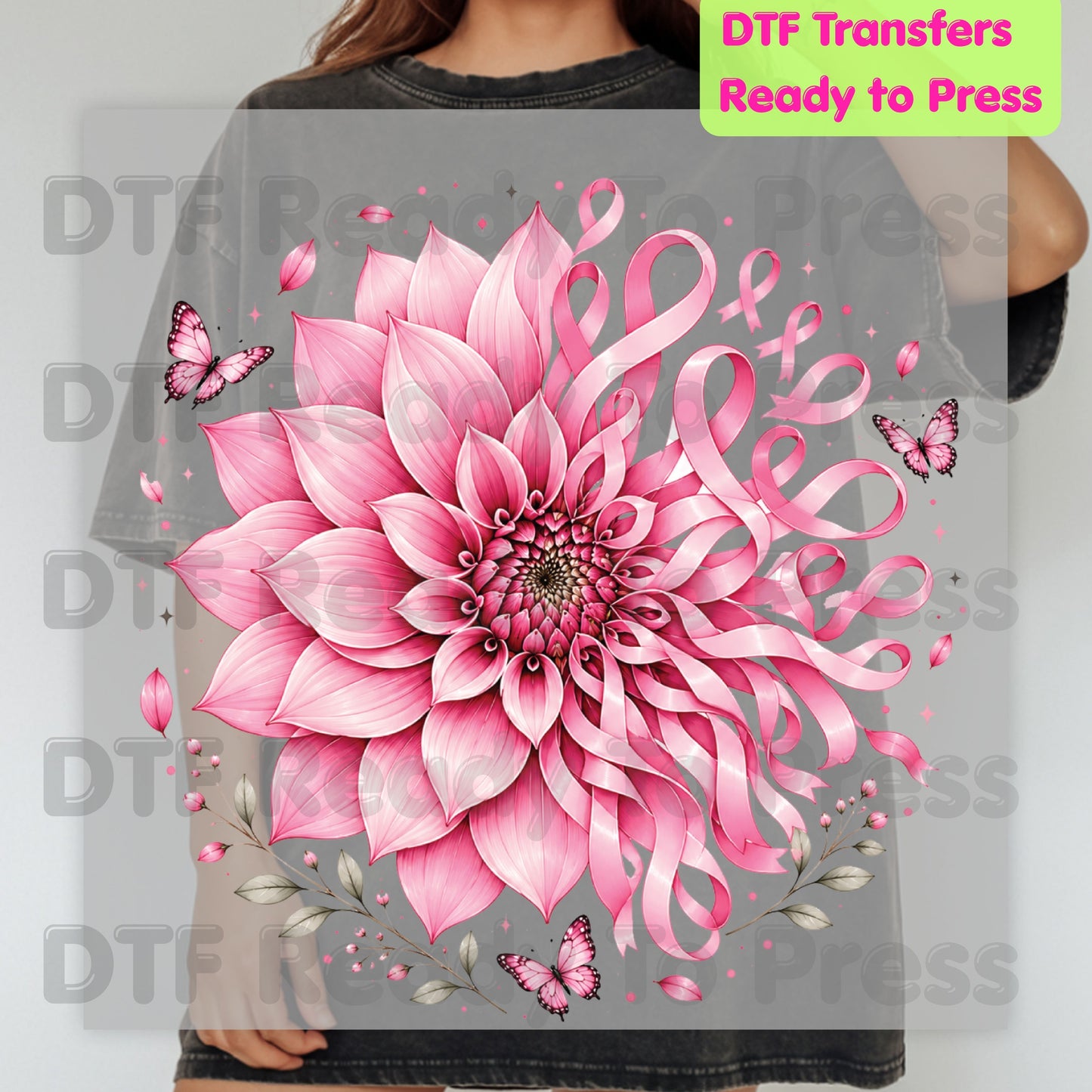 Pink Dahlia Butterfly Ribbon Breast Cancer Awareness DTF Transfer Ready to Press Heat Transfer Tee