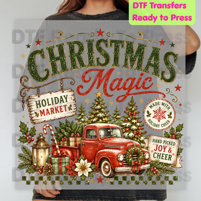 Magic Red Truck Christmas DTF Transfers, Tree Holiday Market Vintage Ready to Press