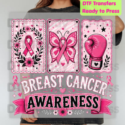 Breast Cancer DTF Transfer Ready to Press Pink Cards Ribbon Butterfly Boxing Glove Heat Transfer Tee Print Direct to Film