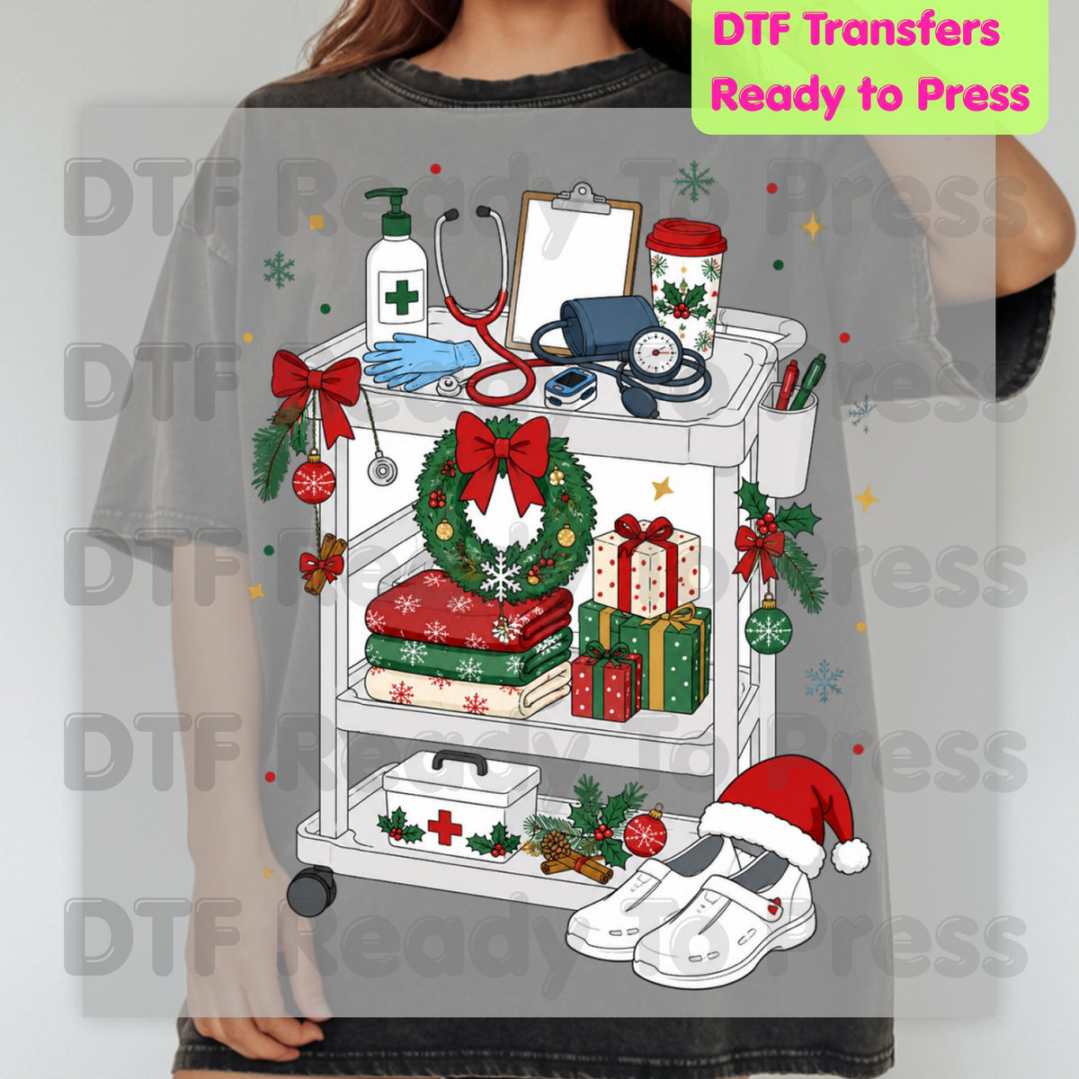 Christmas Nurse Cart DTF Transfers, Holiday Medical Wreath Stethoscope Graphic Ready to Press