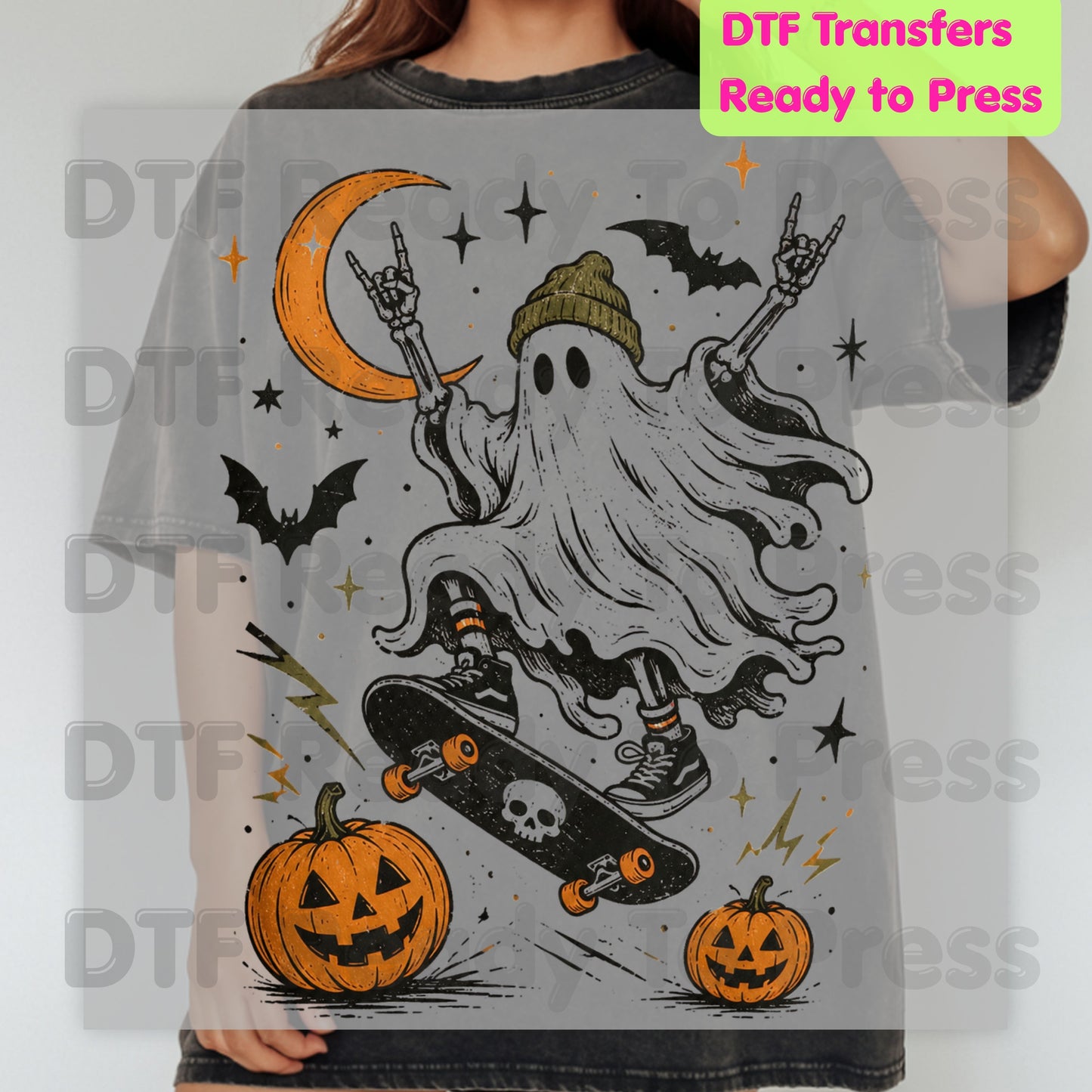 Halloween Skater Ghost DTF Transfers, Rock On Skateboarding Skeleton Crescent Moon Pumpkins Bats Spooky Ready to Press