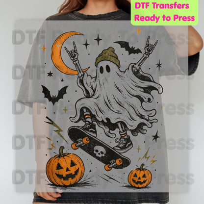 Halloween Skater Ghost DTF Transfers, Rock On Skateboarding Skeleton Crescent Moon Pumpkins Bats Spooky Ready to Press