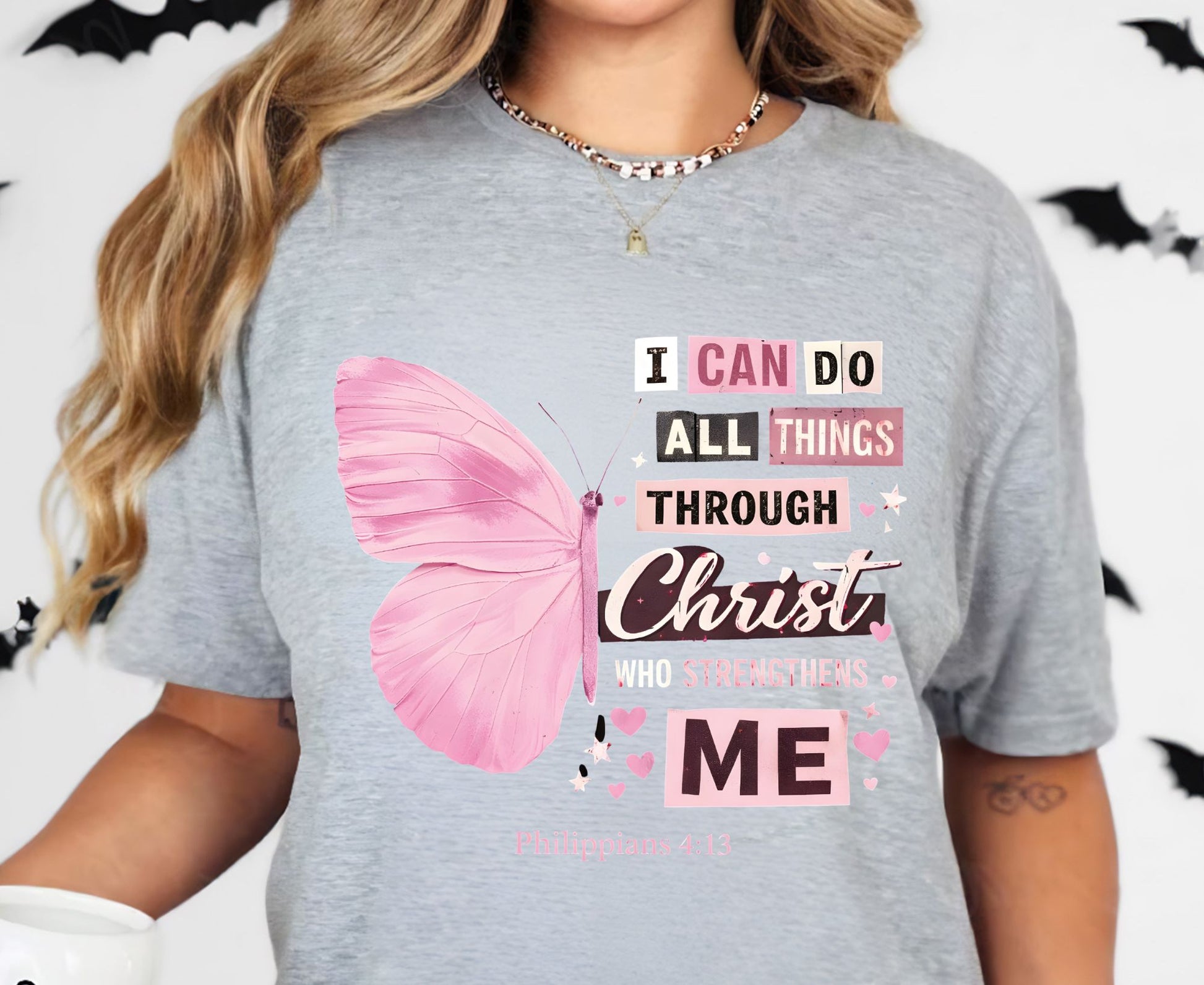 Philippians 4:13 T Shirt Pink Butterfly Tee I Can Do All Things Through Christ Shirt Religious Faith Gift Adult Youth Toddler Baby Church Outfit