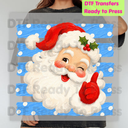 Vintage Winking Santa DTF Transfers, Blue Striped Background Christmas Holiday Ready to Press