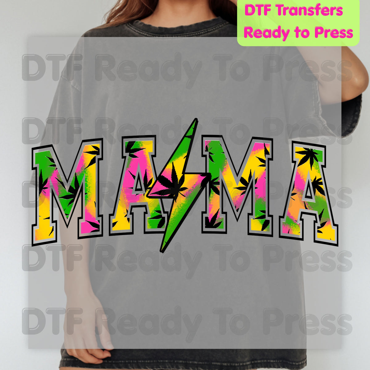 Mama DTF Transfers, Weed Leaf Lightning Bolt Colorful Tie Dye Retro Mama Ready to Press
