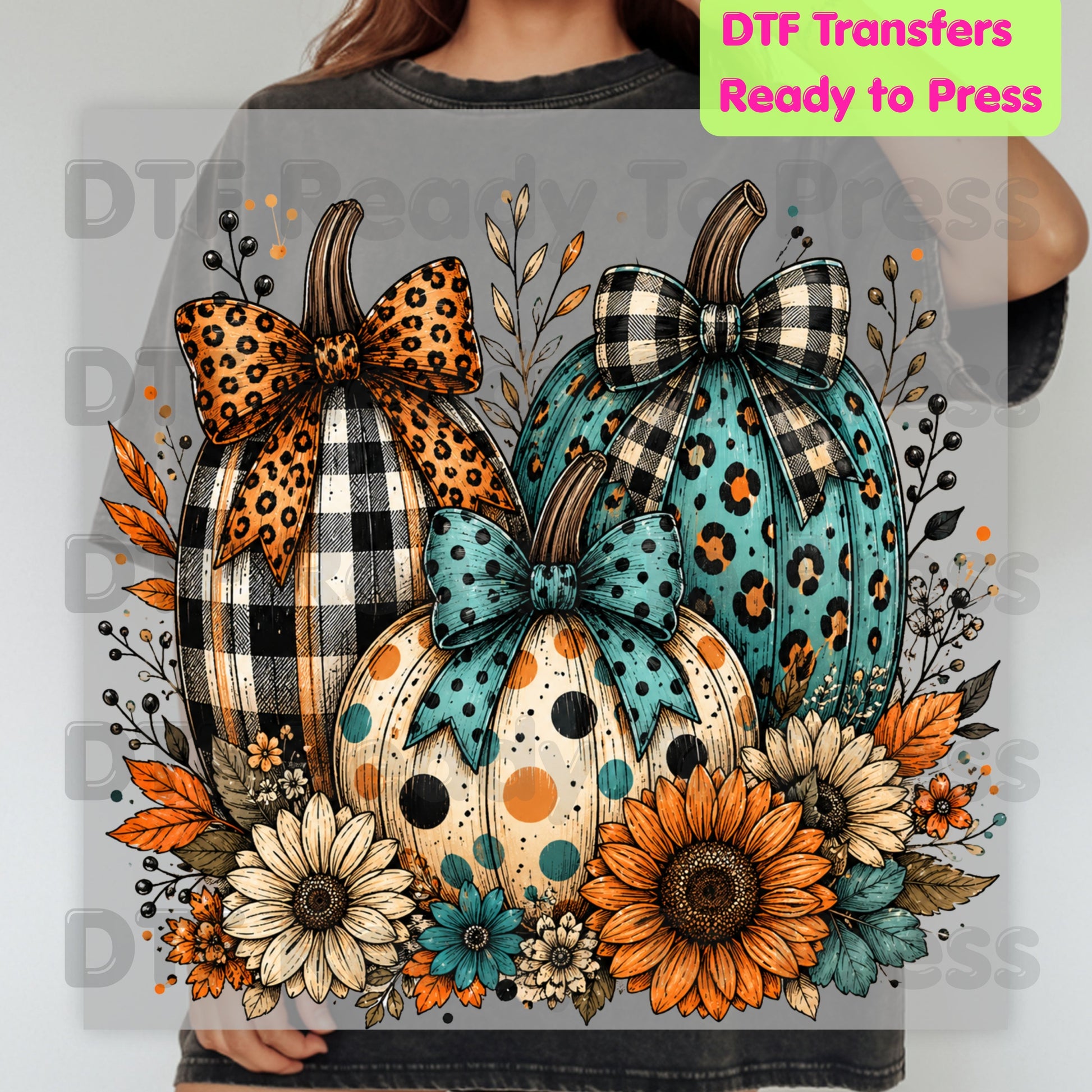 Fall DTF Transfers, Leopard Plaid Pumpkins Teal Orange Floral Thanksgiving Ready to Press