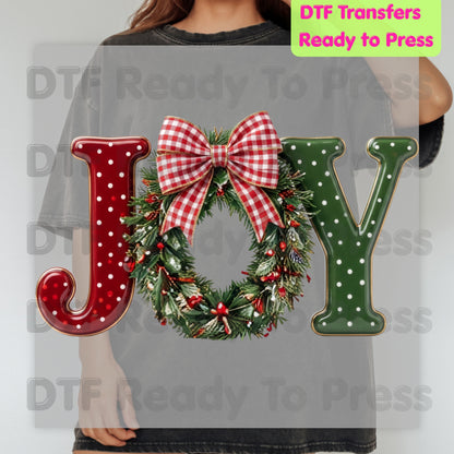Joy Christmas DTF Transfers, Wreath Plaid Bow Polka Dot Letters Festive Holiday Ready to Press