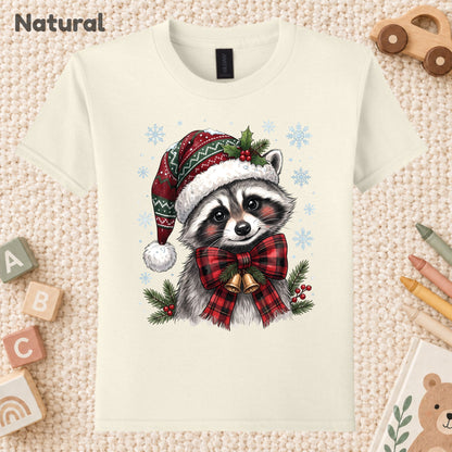 Christmas Raccoon T-Shirt, Santa Hat Buffalo Plaid Bow and Bells Tee, Festive Holiday Sweatshirt