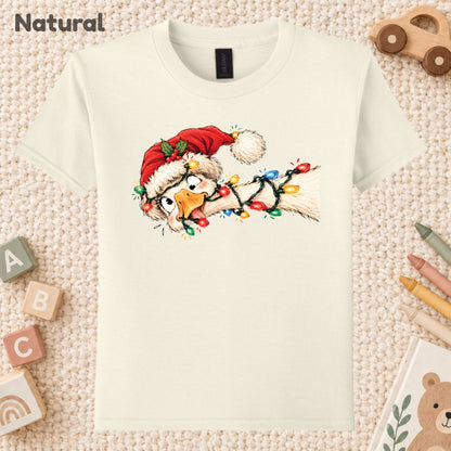 Funny Christmas Goose T-Shirt, Tangled Holiday Lights and Santa Hat Graphic Tee