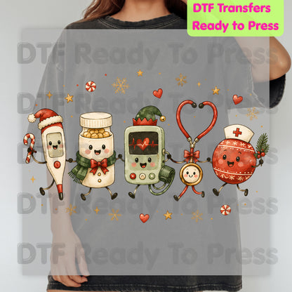 Christmas Cute Nurse Tools DTF Transfers, Medical Stethoscope Ornament Holiday Ready to Press