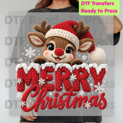 Christmas DTF Transfer, Cute Reindeer Santa Hat, Knitted Letters