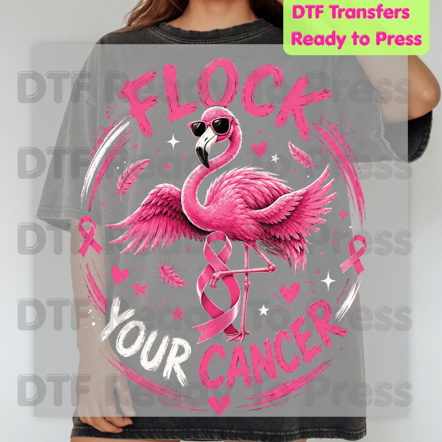 Flock Your Cancer Pink Flamingo Breast Cancer Awareness DTF Transfer Ready to Press Heat Transfer Tee