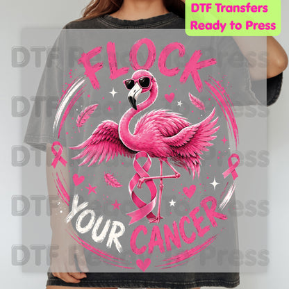 Flock Your Cancer Pink Flamingo Breast Cancer Awareness DTF Transfer Ready to Press Heat Transfer Tee