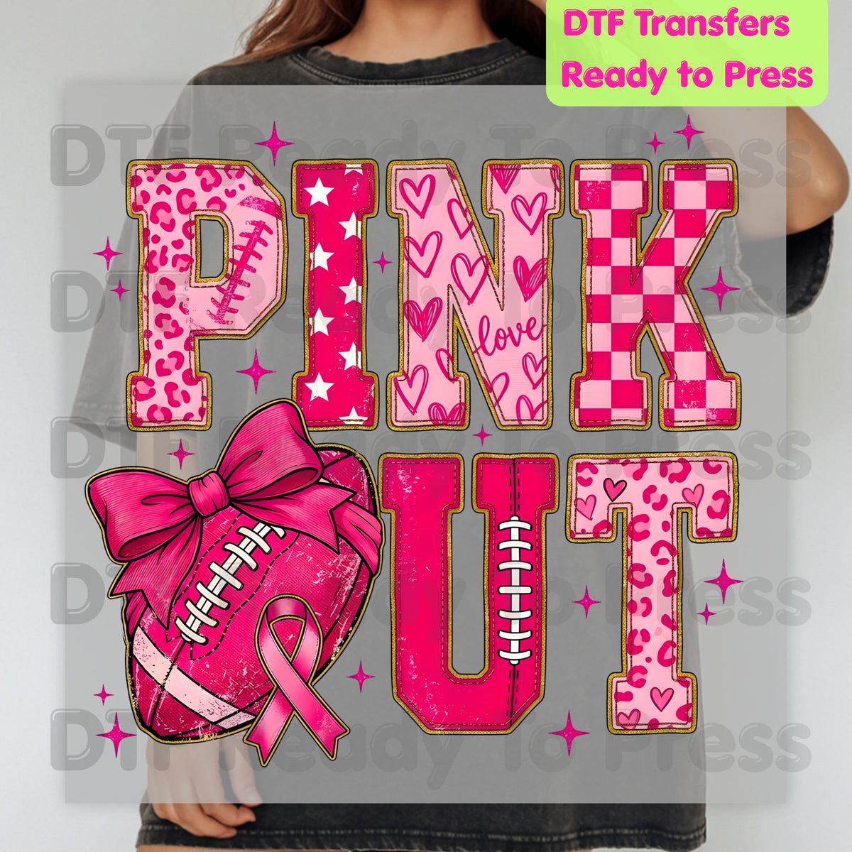 Pink Out DTF Transfers, Breast Cancer Awareness Football Coquette Bow Pink Ready to Press
