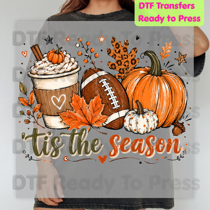 Tis the Season Football DTF Transfers, Fall Pumpkin Spice Coffee Thanksgiving Ready to Press