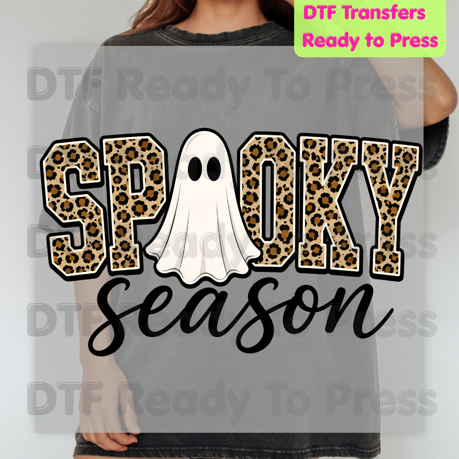 Halloween Spooky Season Ghost DTF Transfers, Leopard Print Cheetah Varsity Letters Ready to Press