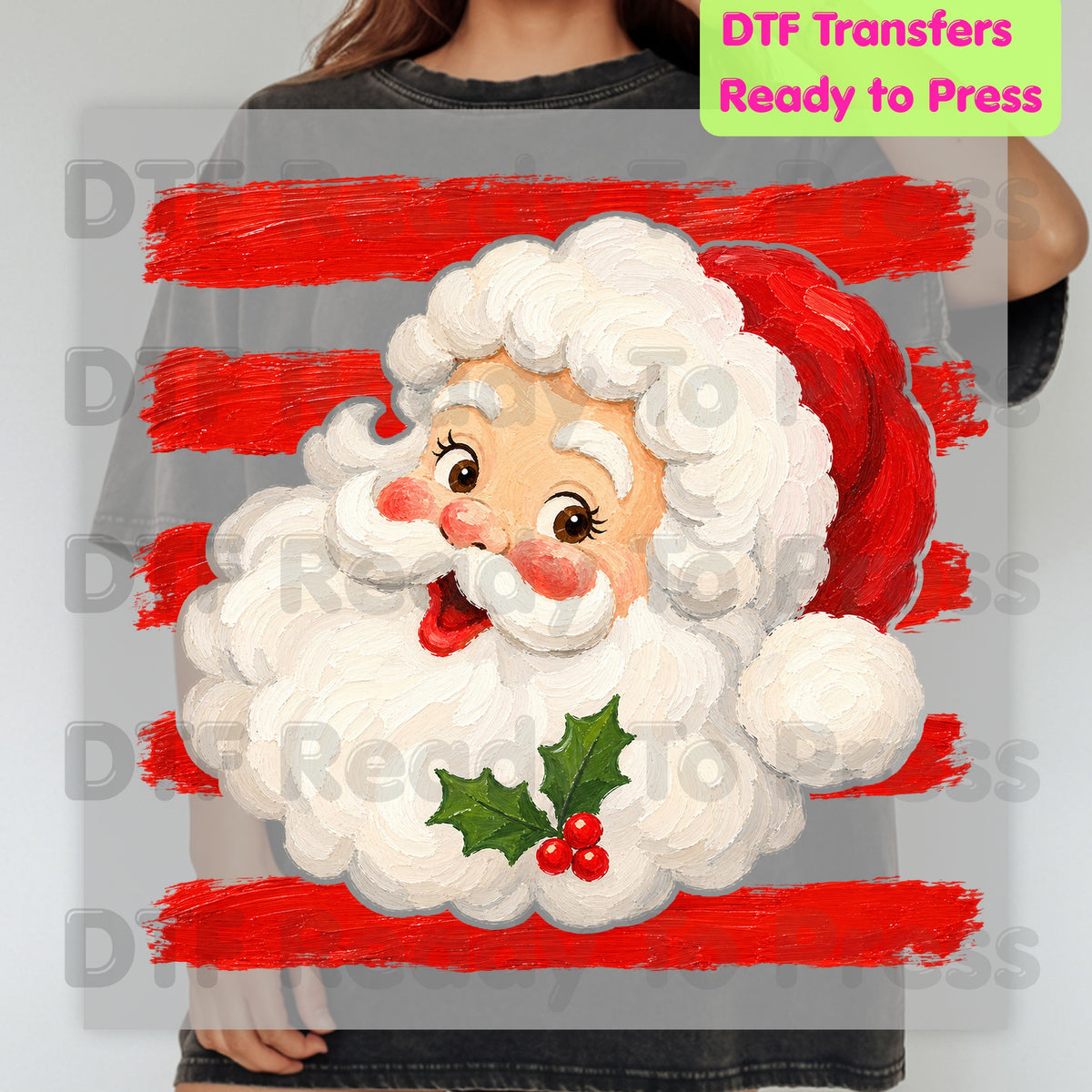 Vintage Santa Claus DTF Transfers, Red Striped Background Festive Christmas Holiday Ready to Press