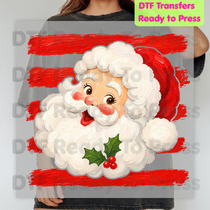 Vintage Santa Claus DTF Transfers, Red Striped Background Festive Christmas Holiday Ready to Press