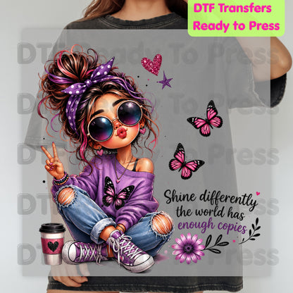 Shine Differently DTF Transfers, Purple Messy Bun Girl Butterfly Coffee Quote Ready to Press
